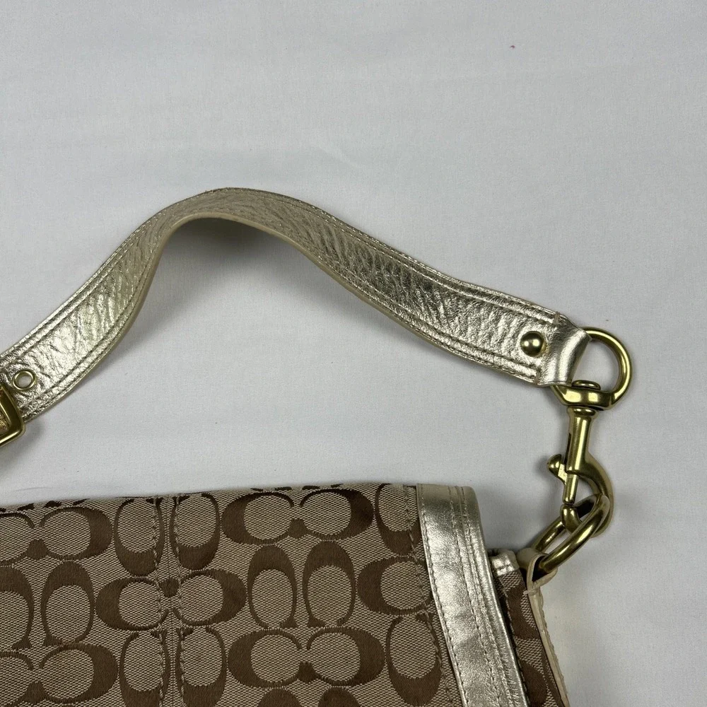 VTG Coach Signature F12857 Beige Gold Big Turn Lock Shoulder Bag Gold Hardware